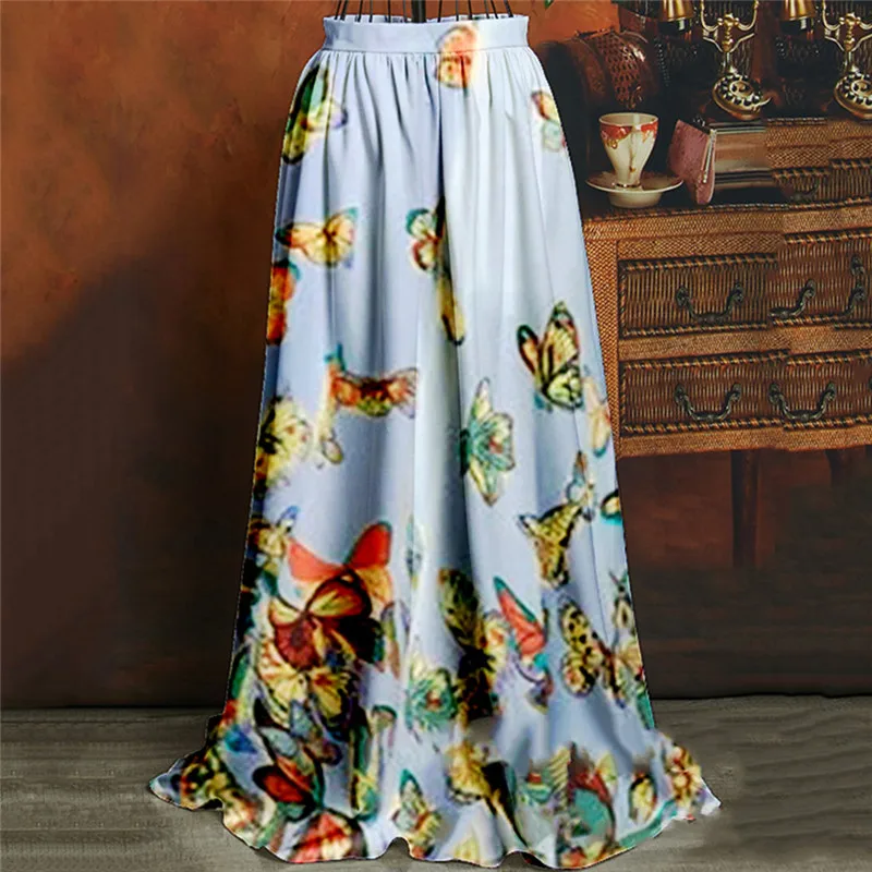 

High Waist Boho Print Long Skirt Women Maxi Skirt Butterfly Print Beach Skirt Female Chic Vintage 2021 Summer Skirt
