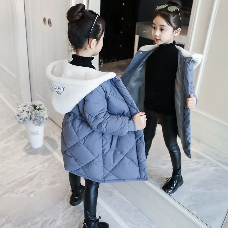 

Winter Polyester Jacket For Girls 2021 Korean Version Add Cotton Thicken Mid-Length Coat Hooded Slim Casual Children's Clothing