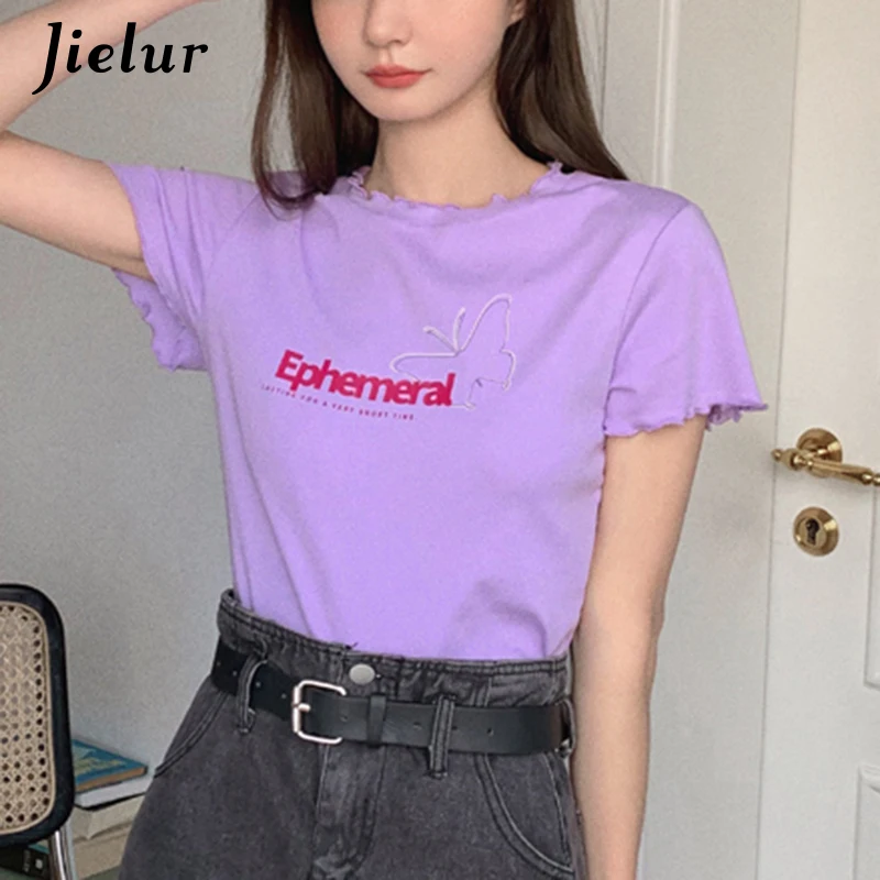 

Jielur изображением бабочки женские футболки с коротким рукавом фиолетового цвета с О-образным вырезом женская футболка съедобные древесный ...