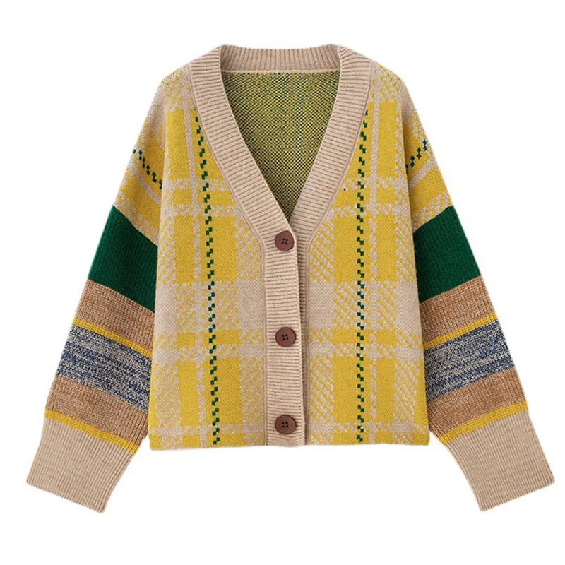 

Vintage Woman Splicing Sweater Cardigan Tops Fall Winter 2021 New Knitted Single Breasted Jacket V Neck Raglan Sleeve Loose Coat