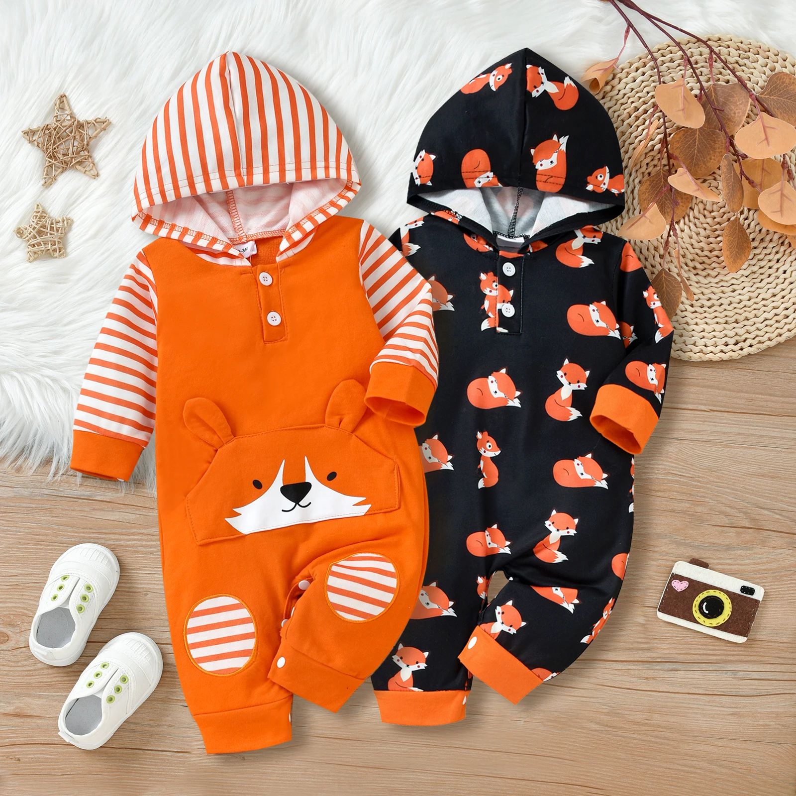 

pudcoco Baby Girls Boys Romper Autumn Toddlers Color Matching Cartoon Fox Printing/Stripe Long Sleeve Hooded Jumpsuit 0-18M