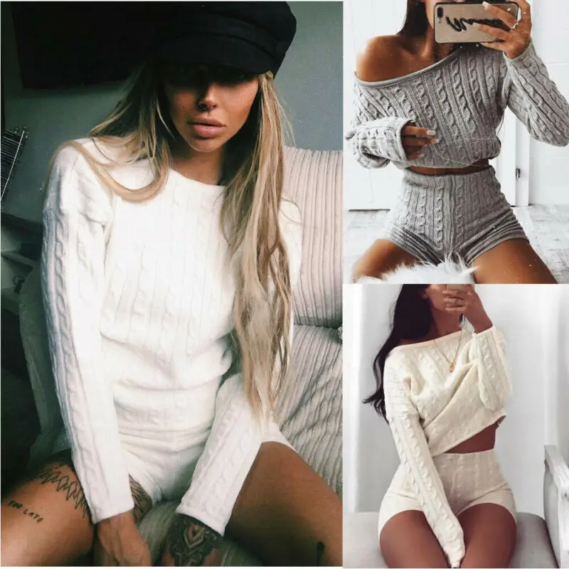 New Autumn Winter sweather set Fashion 2PCS Women Cable Knit Off Shoulder Crop Top Lounge Dress Ladies wear Casual Tracksuit Set |