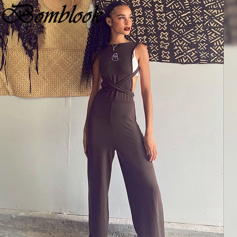 

Bomblook Casual Fashion Jumpsuits For Women Autumn 2021 Solid Halter Sleeveless Backless Playsuits Female Sexy Streetwears