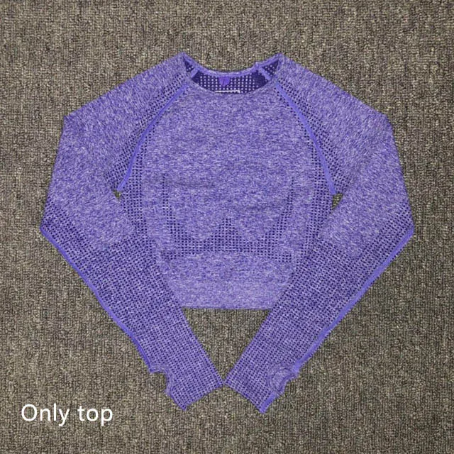 Purple top Комплект для йоги из 3 предметов, бесшовные леггинсы+ спортивный бюстгальтер+ укороченный топ с длинными рукавами, женская одежда для зала и бега, спортивный костюм для фитнеса с высокой талией - Цвет: Purple top