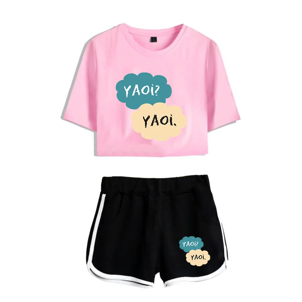 

Yaoi Two Piece Set Sexy Short Top and Middle Waist Shorts Casual Lady Fitness Summer Leisure Sport Tracksuit