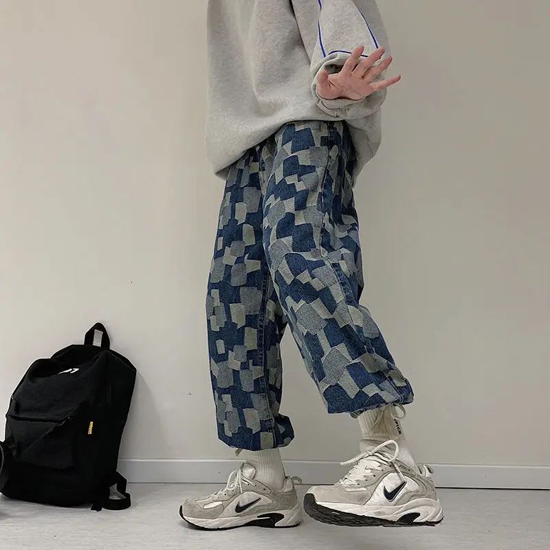 

2021 для мужчин синий плед печати прямые брюки для девочек мешковатые Ретро свободные джинсы ковбойские повседневные штаны модные байкерские джинсовые штаны S-2XL