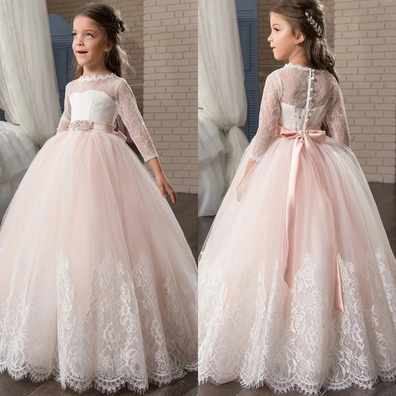 

New Arrival Flower Girl Dresses Long Sleeve First Communion Dresses Appliques O-neck Lace Up Bow Sash Vestidos