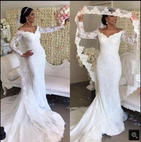 white tulle mermaid wedding dress beaded lace appliques long sleeve v neckline elegant bridal gowns court train bride dresses