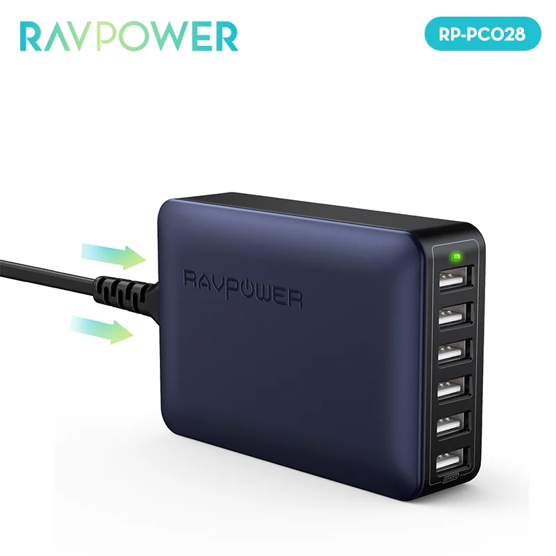 RAVPower Fast Desktop 6 Port USB Charger 60W ISmart Charging Station Docking Charger Fire Rating 94V-0 1.5m Cable for Iphone
