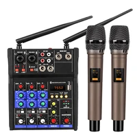 4 channel audio mixer console with wireless microphone sound mixing with bluetooth usb mini dj mixerwireless karaoke