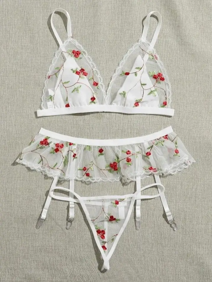 2021 Сексуальный нижнее белье Набор Цветочная Вышивка Бра + Трусики + Подвязки Прозрачные Женские Эротические комплекты для медового месяца.