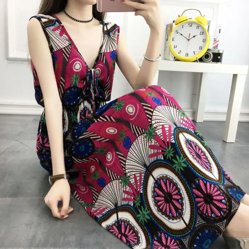 

Cotton Silk Dress Vest Beach Skirt Women's 2021 Summer New Bohemian Floral Super Long Fashion Charm Popular Clothes E011