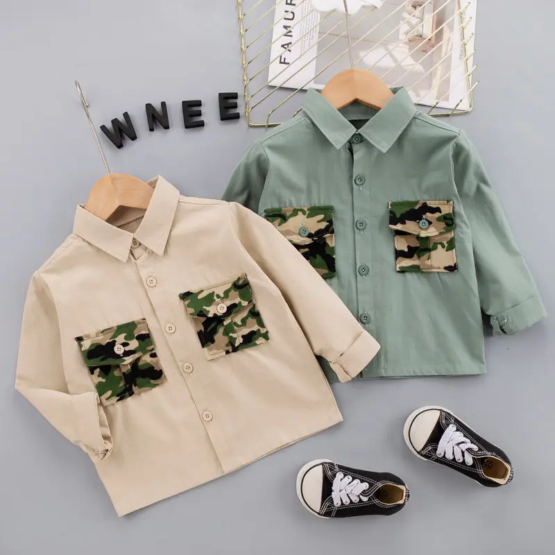 

Kids Camouflage Shirts Trendy Hot Sale Children Kid Boys Girls Long Sleeve Patchwork Pocket Tops Turn Down Collar Casual Blouses