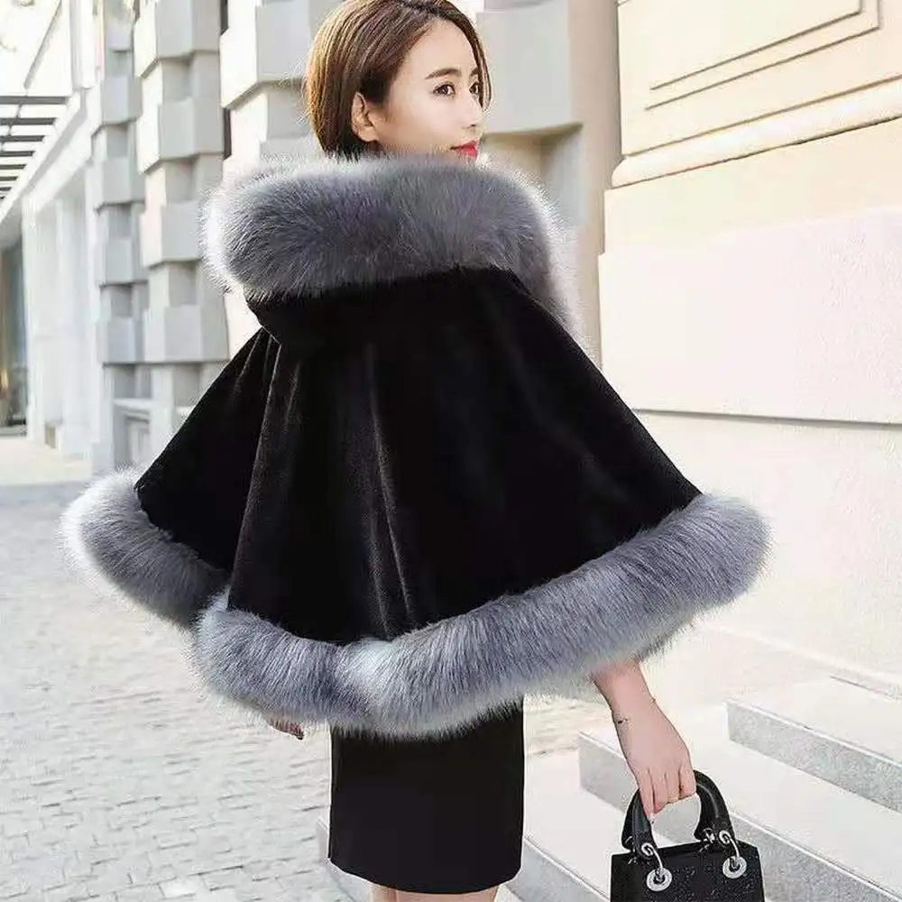 

Winter Thick White Black Coat 2021 Faux Fur Neck Ponchos and Capes Women Hooded Cloak Plus Size Big Pendulum Dovetail Cardigan