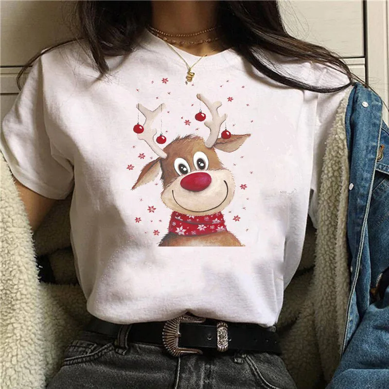 

Christmas Elk Tees Christmas Santa Claus Christmas Tree Elk Snowman Shirt Cartoon Happy New Year Holiday Fashion Women Shirts