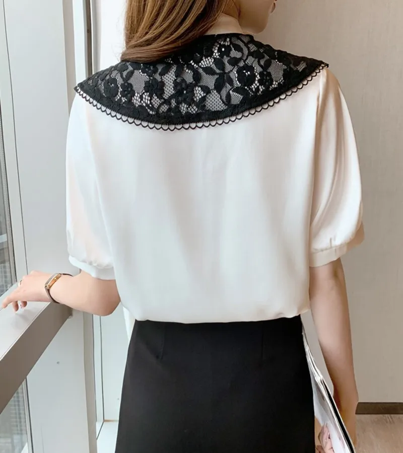 

2021 Summer fashion temperament Elegant Women Blouses bow Collar short Sleeve OL Shirt
