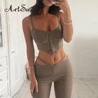 Artsuмодные комплекты со штанами; Комплект из двух предметов; Женский топ на пуговицах и расклешенные брюки; Облегающий топ; Осенний комплект одежды