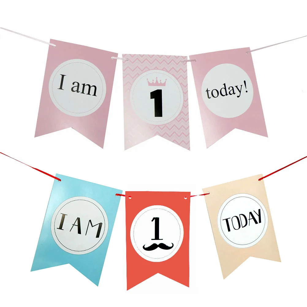 Синий Розовый Высокий стул флаг баннер ребенок один год День рождения висит