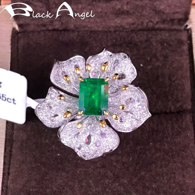 

BLACK ANGEL Imitation Emerald Big Flower Rings Women Adjustable Pave Inlaid Luxury Gemstone CZ Engagement Silver Jewelry Gift