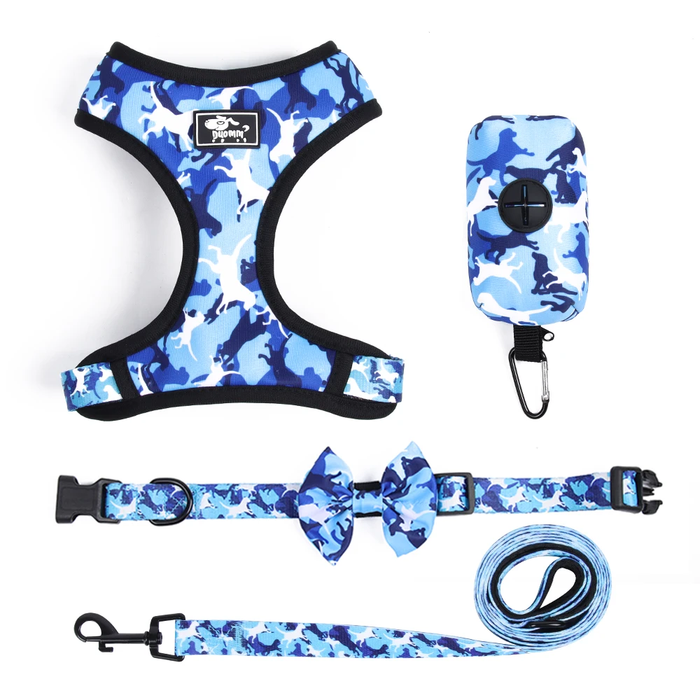 

New Four Color Cartoon Pet Traction Rope Harness Lovely Tactical Soft Leash Collar Harness Polyester Pattern Dog Harness Bow Tie