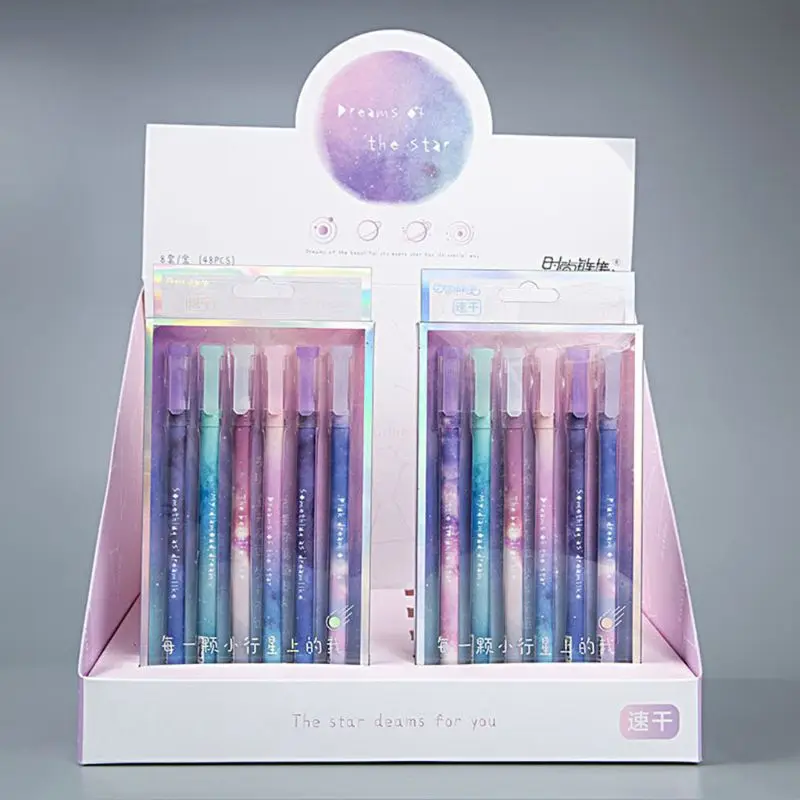

W3JD Korean Style Night Starry Sky Print Speed Dry Set Gel Pen Fashion Pull Cap 6 Sticks Black Signature Pen New Creative Pen
