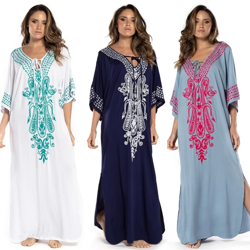 

2021 Indie Folk Lace Up V-Neck Batwing Sleeve Summer Beach Dress Tunic Women Beachwear kaftan Maxi Dress Robe Sarong N775