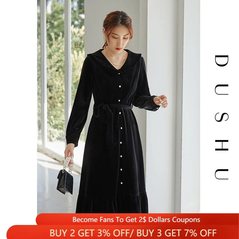 

DUSHU Plus Size Velvet Elegant Long Black Dress Women V Neck Ruffle Autumn Winter Party Dress Female Christmas Vintage Dress