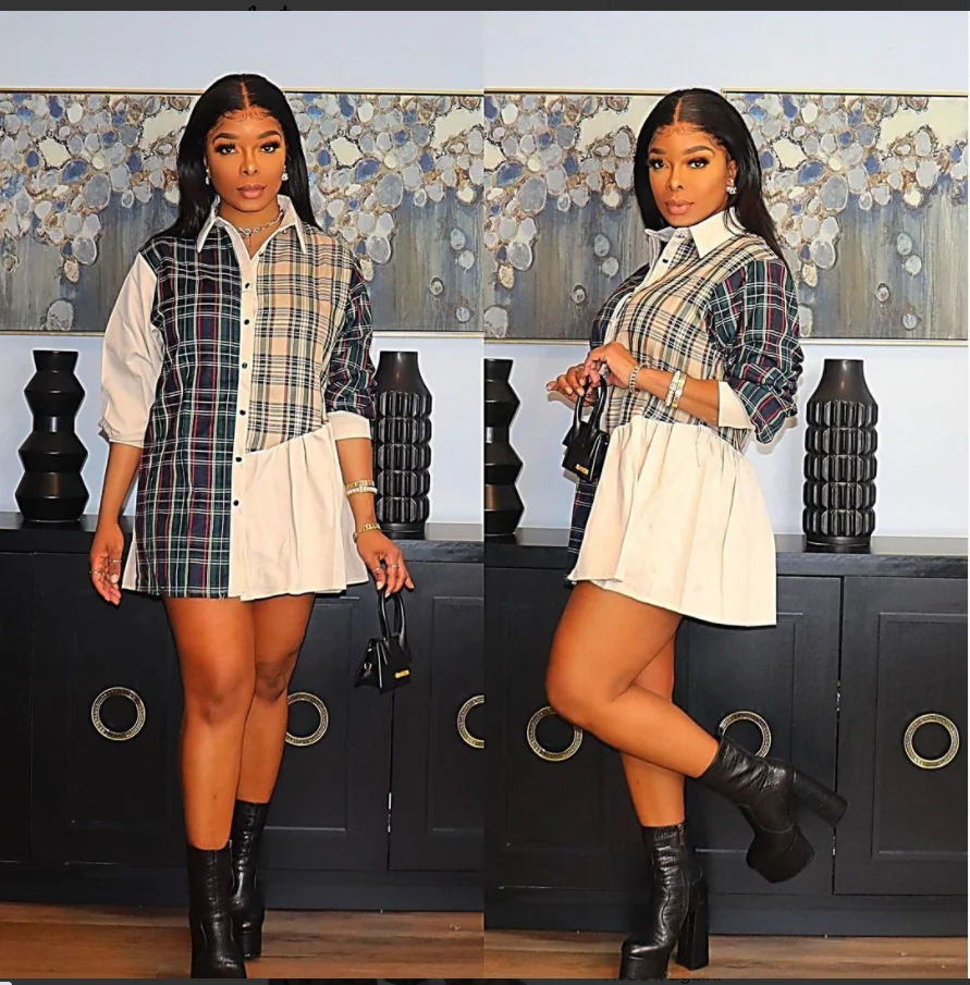 

2021 Autumn/Winter Women'S New Collection Patchwork Color Plaid Shirt Soft And Comfortable Casual Temperament Girl Dress 0098