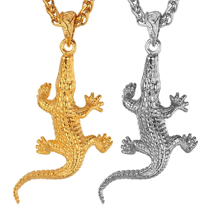 Collare Crocodile Retro Pendant Gold Color Stainless Steel Animal Necklace Women Wholesale Hippie Alligator Men Jewelry P138 | Украшения и