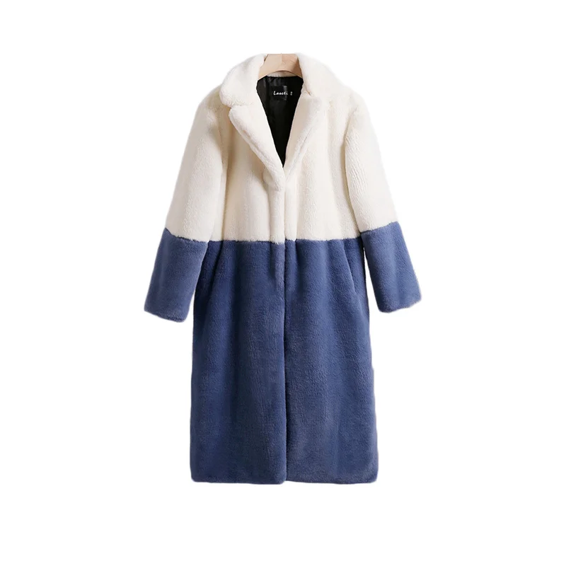 Winter Fur Coat Fashion Loose Thick Warmth Coats Women White Blue Stitching Imitation Mink Fur Jackets S-5XL Outerwear