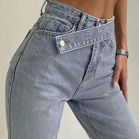 Woman Casual Loose Harajuku Denim Pants Spring 2021 Women Straight Leg Jeans Fashion Irregular Belt High Waisted Boyfriend Jeans