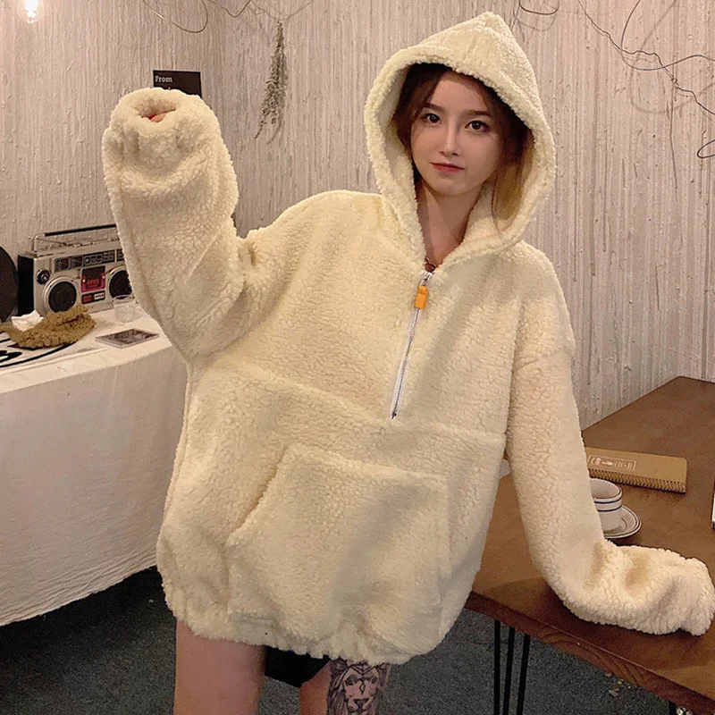 

Hoodies Womens with Hat Khaki Cute Warm Thicker Soft Western Style Kangaroo Pocket Lamb-wool BF Loose Fashion Kawaii Casual