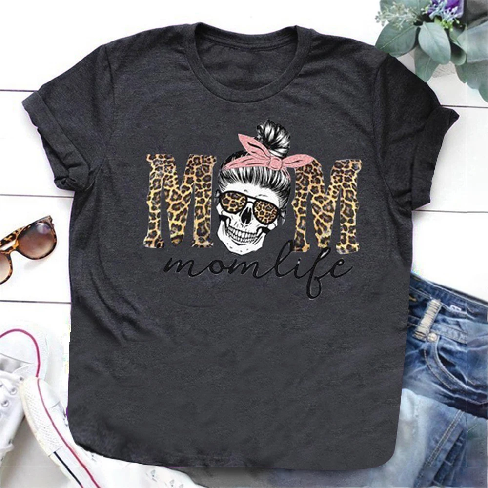 Леопардовой расцветки с принтом череп голова Мама Жизнь принт Женская футболка