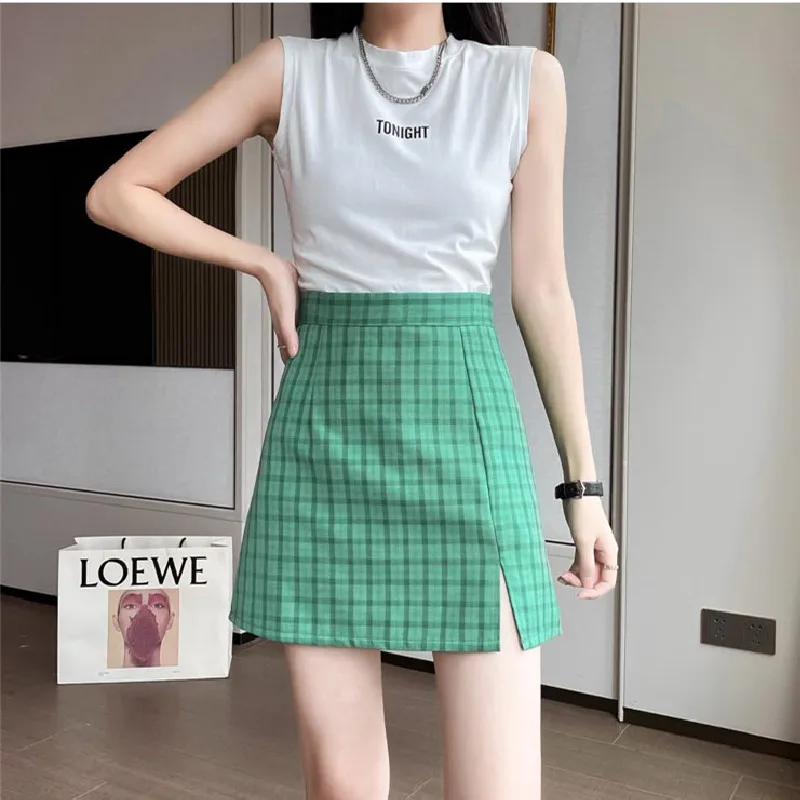 

Vintage Plaid Skirt For Women 2021 Summer Korean Style Classic Side Slit Slim High Waist A Line Mini Skirts Green Yellow B383