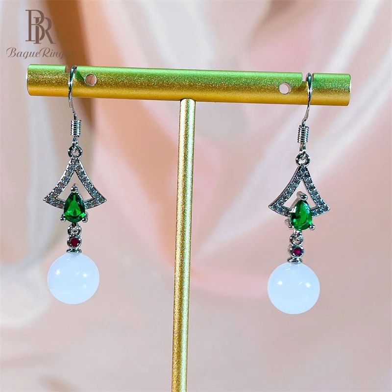 

Bague Ringen Classic 925 sterling silver dangle drop earrings with oval shape emerald gemstones round white stone silver gift