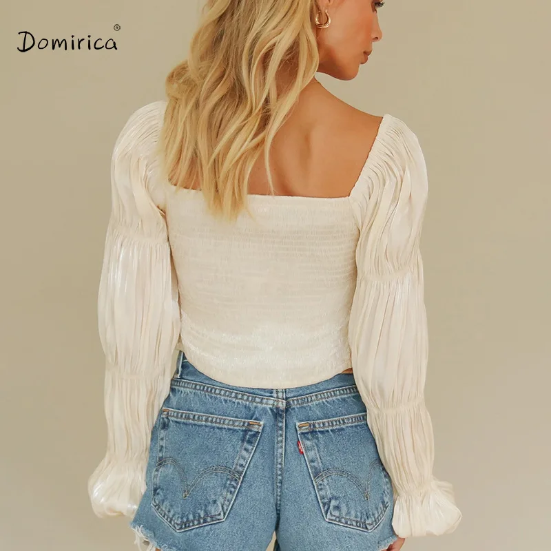 

Women's Blouse V-neck Pleated Cropped Long-sleeved Short Top Lantern Sleeve Hollow Elegant Blouses Fashion Woman Blouses 2021