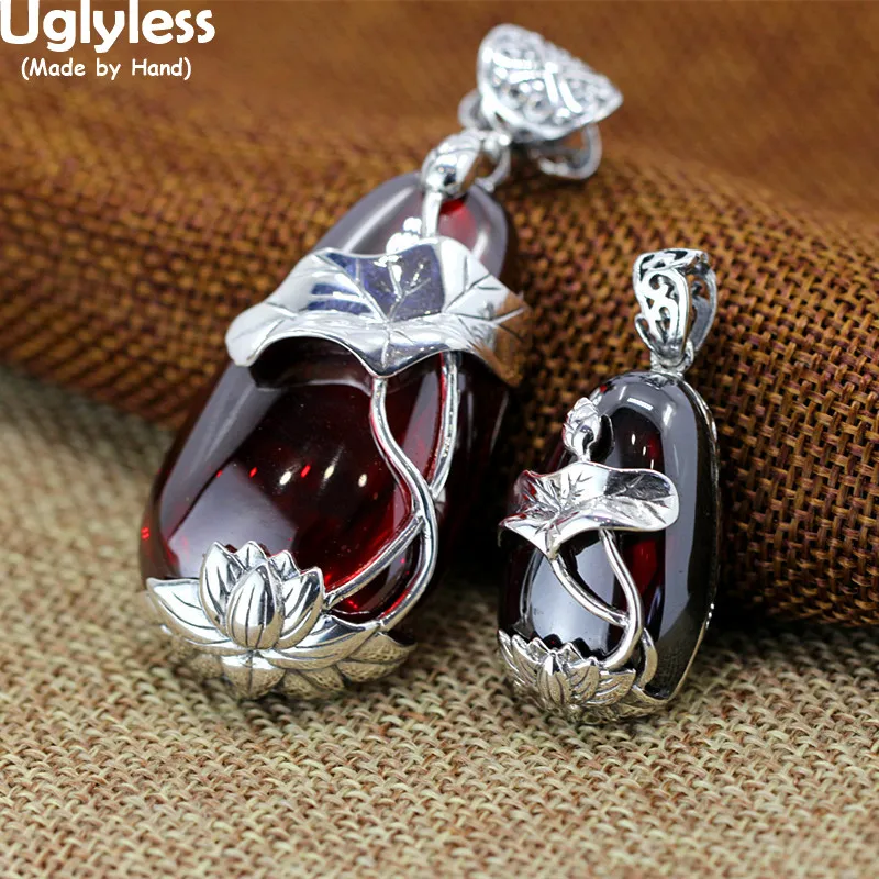 

Uglyless 2Sizes Lotus Pendants for Women Water Drop Semi-precious Stone Chalcedony Necklaces NO Chain Carved Fish Ethnic Jewelry