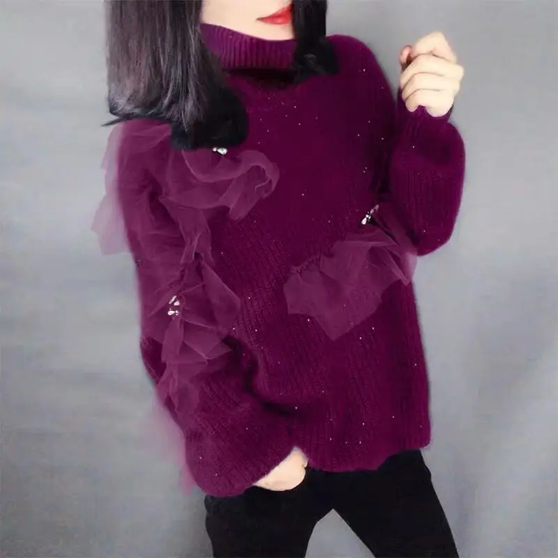

Temperament high neckline Pullover mesh splicing Fuchsia thickened sweater for women in winter [delivery within 15 days]