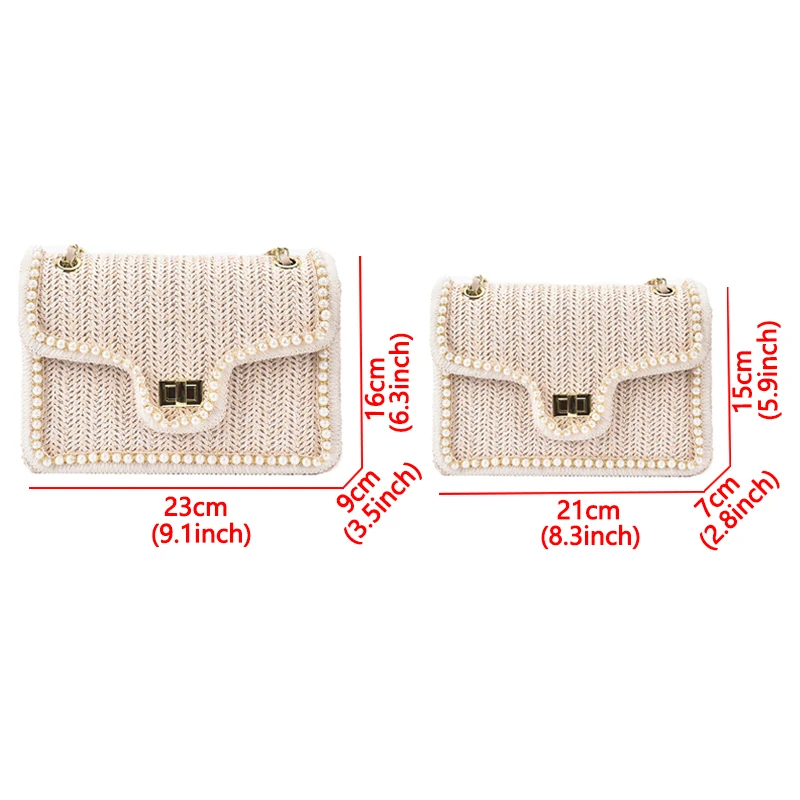 

Designer Pearl Chain Crossbody Bags For Women Straw Weave Square Women Shoulder Bag Bohemian Beach Straw Handbag Women's Bag New