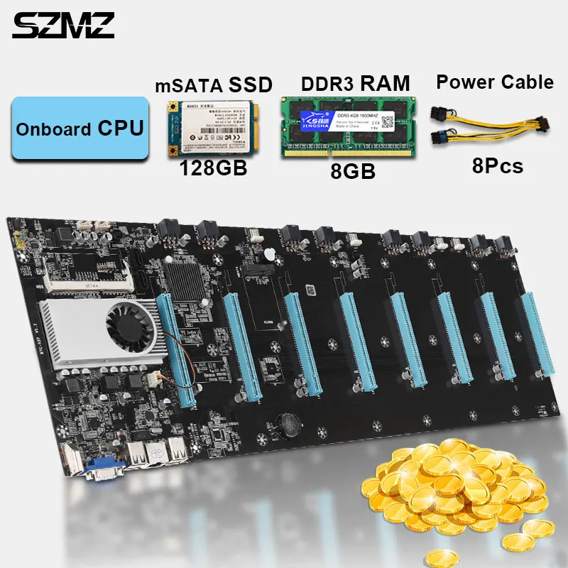 Verkauf SZMZ 8 Grafiken ETH Bergbau Motherboard Kit Mit Onboard-CPU + MSATA SSD 128GB + DDR3 RAM 8GB Set Cryptocurrency Miner Rig Combo