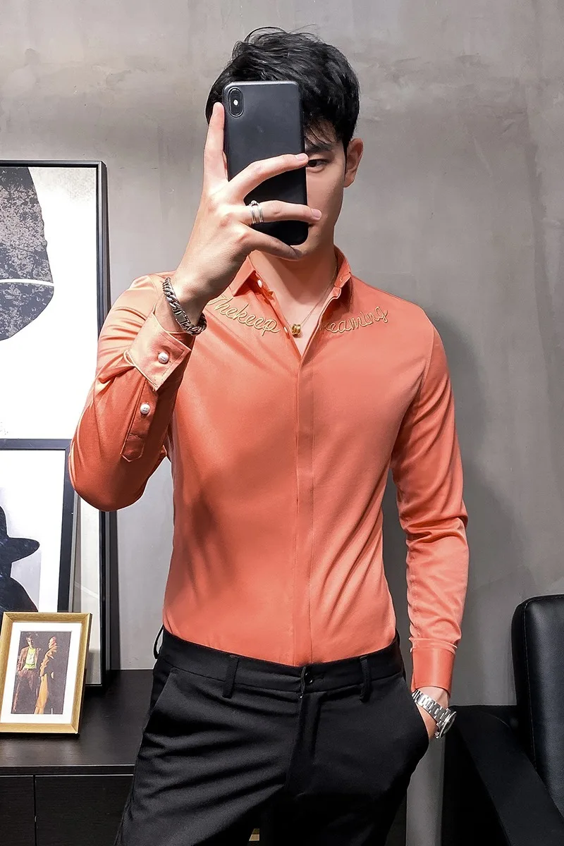 

British Style Business Shirts Men Fashion 2021 Gentlemen Shirt Tuxedo Long Sleeve Letter Embroidery Slim Fit Formal Wear Shirts