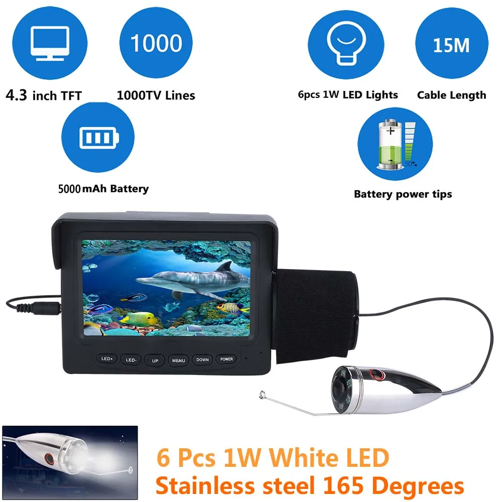 

Mountainone 4.3 Inch 1200TVL Underwater Fish Finder Fishing Camera 12pcs White LEDs Camera Light Off Function Fishfinder IP68