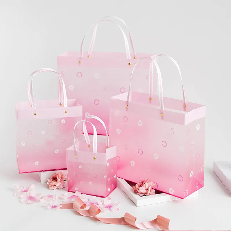 

OUYES New Fashion Pink Cherry Blossoms Frosted PP Bags Plastic Gift Bag For Wedding Valentine's Day Favor Packaging PVC Bag 10PC