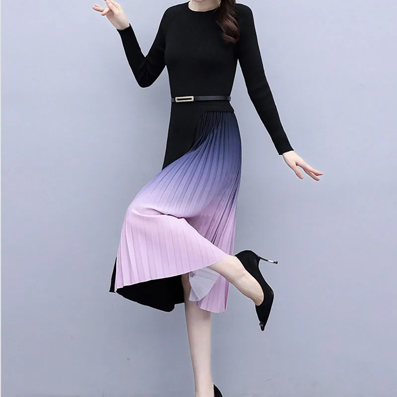 

One-Piece 2020 New Korea Women Elegant Dress Knitted Patchwork Gradient Pleated Dress Sweater Office Dress Belt Autumn Dresses