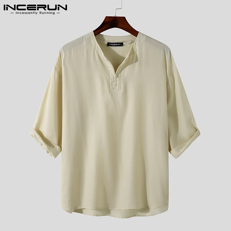 

Мужская брендовая Однотонная рубашка на молнии с рукавом три четверти, повседневная мужская рубашка в стиле ретро, уличная одежда 2021, топы р...