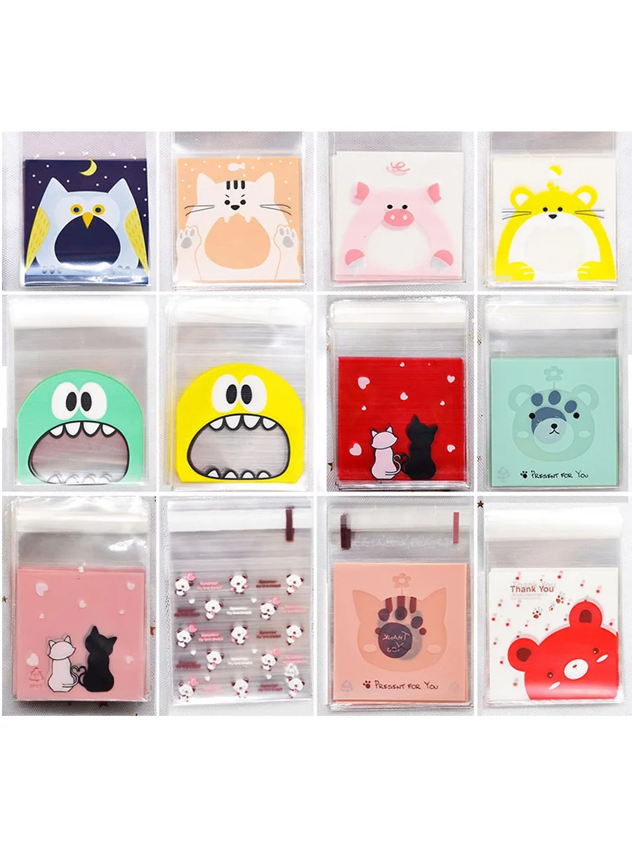 

50Pcs 7cm&10cm Cartoon Gifts Bags Wedding Cookie Packaging Self-adhesive Plastic Bags For Biscuits Birthday Candy Cake Package