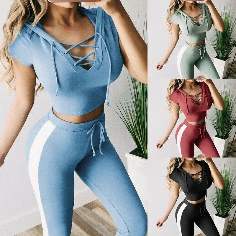 

Casual 2Pcs Women Fitness Athletic Clothes Sets Short Sleeve V-neck Bandage Crop Top hoodie+ Leggings Fashion Outdoor Outfit Set
