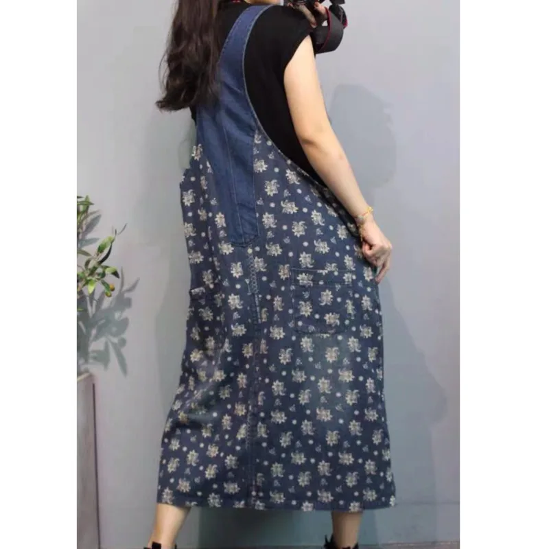 

IEQJ Women Dress New Strap Long Sleeve Loose Panelled Print Denim A-line Suspender Skirt Fashion Blue Spring Autumn 2021 8P250