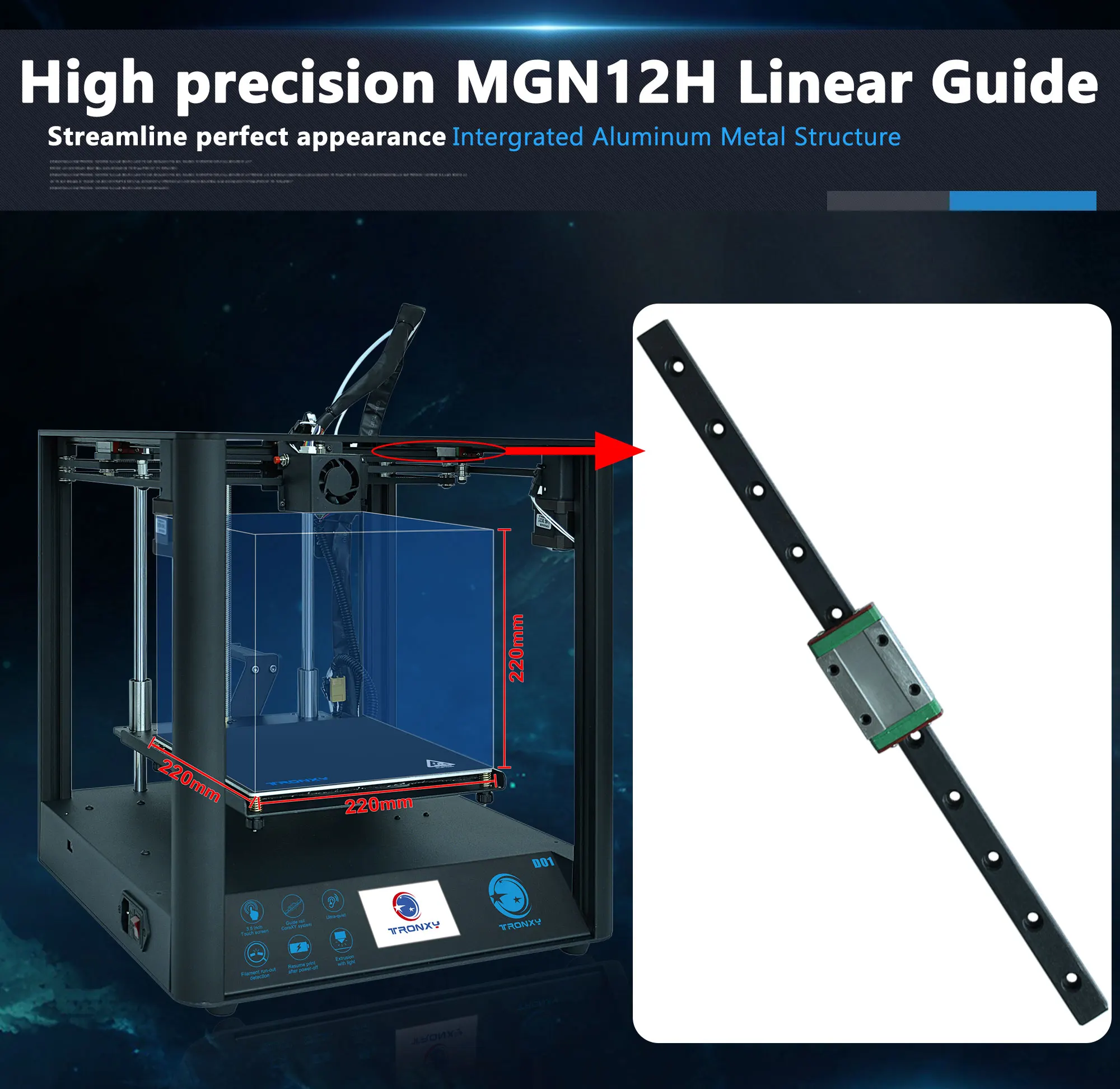 2019Tronxy D01 3d принтер промышленная линейная направляющая ядро XY Titan экструдер бесшумный дизайн высокоточное качество печати