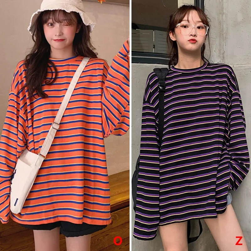 Женская Винтажная футболка в полоску осенняя свободная с длинным рукавом